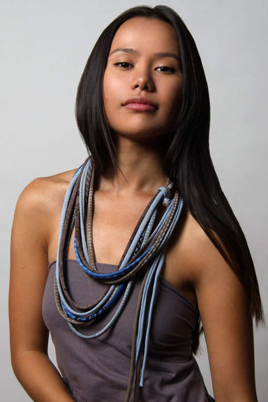 Light Blue Brown with White Geometric / Skinny Scarf Necklace-scarves-Necklush