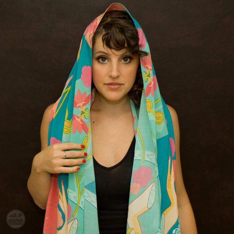 Green Teal Red Yellow Floral Scarf-scarves-Necklush